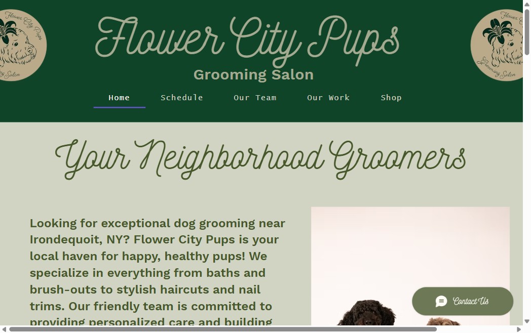 Flower City Pups grooming salon website homepage
